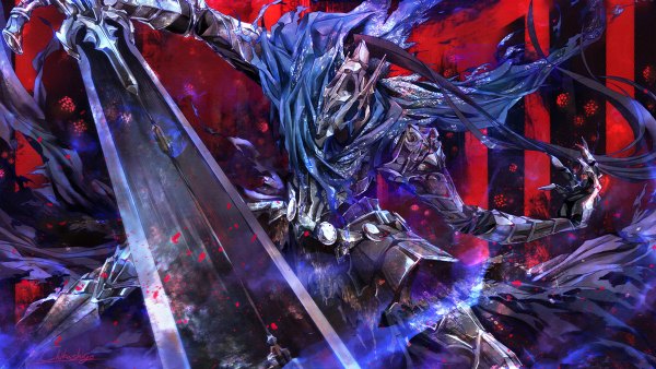 Anime picture 1200x676 with dark souls (series) dark souls from software artorias the abysswalker chikashige single black hair wide image holding very long hair fighting stance foreshortening broken knight weapon sword armor cape huge weapon