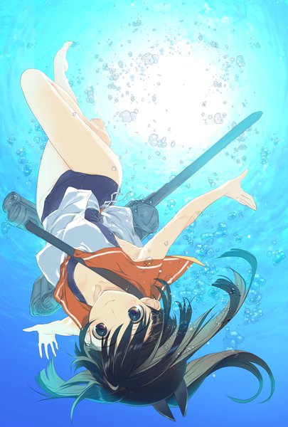 Anime picture 2770x4096 with kantai collection i-401 aircraft carrying submarine nakamura takeshi single long hair tall image looking at viewer highres breasts black hair smile brown eyes full body bent knee (knees) ponytail outstretched arm underwater upside down swimsuit under clothes girl