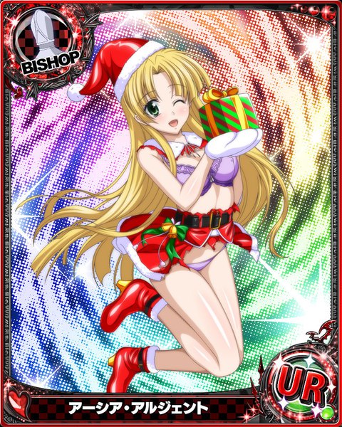Anime picture 640x800 with highschool dxd asia argento single long hair tall image blush fringe open mouth light erotic blonde hair green eyes bent knee (knees) one eye closed wink fur trim torn clothes christmas card (medium) girl dress