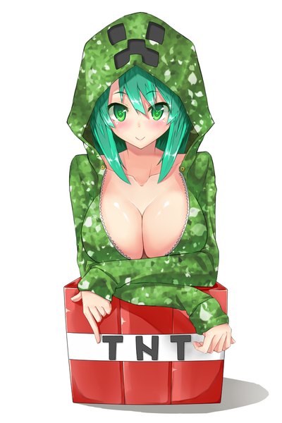 Anime picture 800x1200 with minecraft creeper uyu (keyakinoki) single tall image looking at viewer blush short hair breasts light erotic simple background smile large breasts green eyes cleavage upper body green hair symbol-shaped pupils crossed arms unzipped