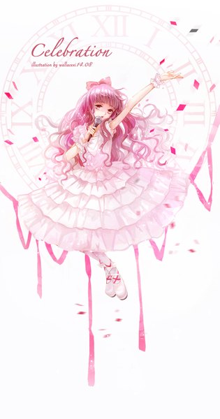 Anime picture 827x1575 with original wallace (artist) single long hair tall image looking at viewer white background pink hair pink eyes girl dress bow hair bow microphone confetti