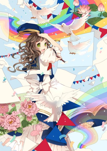 Anime picture 1000x1414 with original mia0309 single long hair tall image open mouth black hair green eyes looking back girl dress flower (flowers) hat animal bird (birds) rainbow