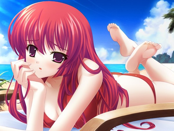 Anime picture 1200x900 with long hair blush light erotic red eyes game cg red hair crossed legs swimsuit bikini red bikini