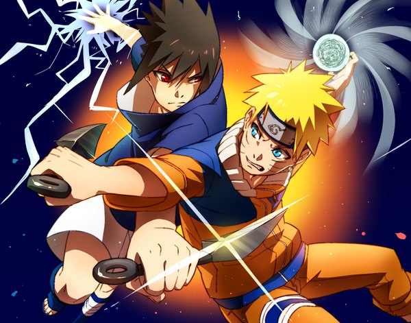 Anime picture 1781x1400 with naruto studio pierrot naruto (series) uzumaki naruto uchiha sasuke curamubuono highres short hair blue eyes black hair blonde hair smile red eyes multiple boys grin facial mark spread arms whisker markings jinchuriki battle