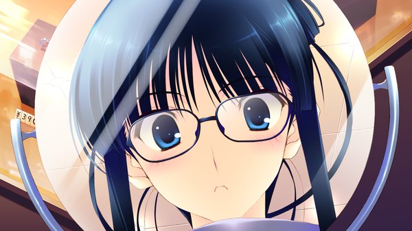 Anime picture 1280x720 with white album 2 touma kazusa long hair blush blue eyes black hair wide image game cg girl glasses mirror
