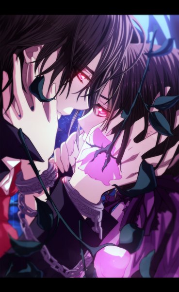 Anime picture 616x1000 with vampire knight studio deen cross yuki clan kaname tremblax long hair tall image short hair brown hair pink eyes night night sky couple coloring letterboxed close-up face to face almost kiss girl boy
