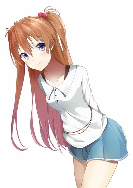 Anime picture 826x1169 with neon genesis evangelion gainax soryu asuka langley taiyaki (astre) single long hair tall image looking at viewer blush blue eyes simple background smile brown hair white background twintails leaning leaning forward hands behind back girl shorts