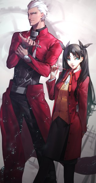 Anime picture 800x1520 with fate (series) fate/stay night type-moon toosaka rin archer (fate) gamma (geoffrey) long hair tall image looking at viewer fringe short hair breasts blue eyes smile standing holding fingernails lips lens flare dark skin