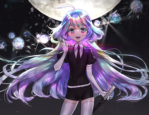 Anime picture 1500x1159 with houseki no kuni diamond (houseki no kuni) dante m single long hair looking at viewer blush open mouth holding ahoge multicolored hair puffy sleeves black background alternate hairstyle multicolored eyes androgynous alternate hair length thighhighs gloves weapon
