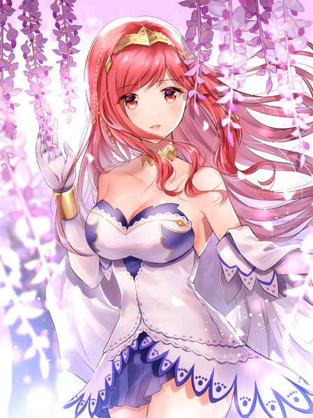 Anime picture 1370x1830 with shingeki no bahamut granblue fantasy henriette (shingeki no bahamut) myusha single long hair tall image blush fringe breasts open mouth red eyes large breasts standing bare shoulders looking away cleavage red hair wind blurry