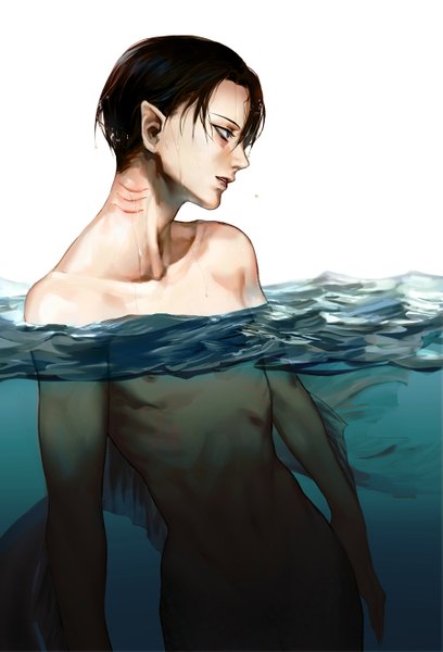 Anime picture 900x1324 with shingeki no kyojin production i.g levi (rivaille) par single tall image short hair blue eyes light erotic black hair brown hair looking away profile pointy ears wet monsterification gills boy water mermaid
