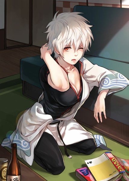 Anime picture 600x841 with gintama sunrise (studio) sakata gintoki masa ashe single tall image short hair red eyes sitting looking away cleavage white hair traditional clothes parted lips japanese clothes one eye closed from above arm behind head genderswap girl
