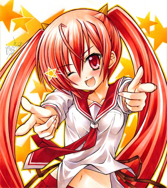 Anime picture 800x899 with hidan no aria kanzaki h aria single long hair tall image looking at viewer blush fringe breasts open mouth red eyes twintails pink hair one eye closed light smile wink happy girl navel uniform