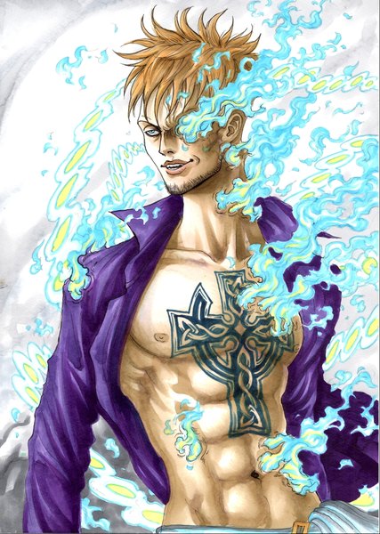 Anime picture 2945x4133 with one piece toei animation marco (one piece) marlboro (artist) single tall image highres short hair blue eyes blonde hair smile looking away open clothes tattoo open shirt glowing glowing eye (eyes) boy shirt flame