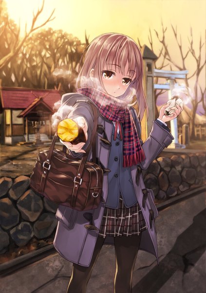Anime picture 1411x2000 with original matsuryuu single long hair tall image looking at viewer blush fringe brown hair standing holding brown eyes sky outdoors pleated skirt sunlight evening plaid skirt sunset exhalation