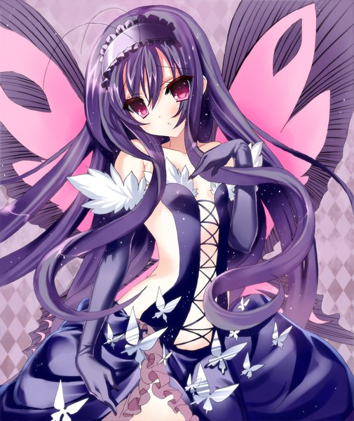 Anime picture 1889x2244 with accel world sunrise (studio) kuroyukihime shirato sayuri single long hair tall image looking at viewer blush fringe highres light erotic hair between eyes red eyes standing bare shoulders purple hair ahoge parted lips midriff