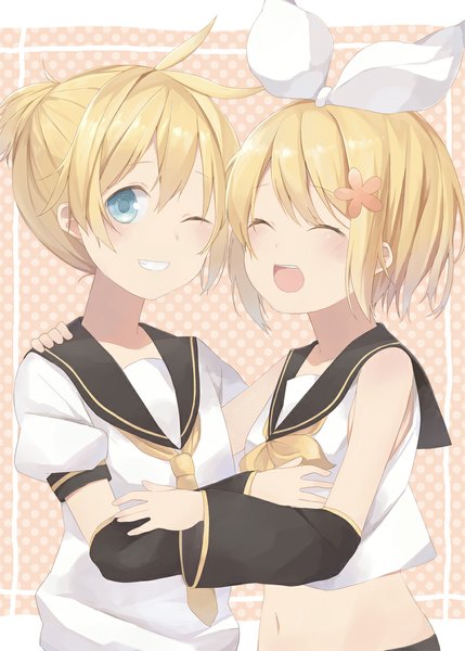Anime picture 837x1170 with vocaloid kagamine rin kagamine len nagitoki tall image looking at viewer blush short hair open mouth blue eyes blonde hair eyes closed one eye closed wink bare belly ^ ^ twins ^o^ brother and sister girl