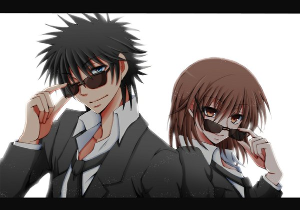 Anime picture 1016x710 with to aru majutsu no index j.c. staff misaka mikoto kamijou touma hiro (hirohiro31) short hair blue eyes black hair simple background brown hair white background brown eyes couple letterboxed sunglasses removed girl boy necktie sunglasses tuxedo