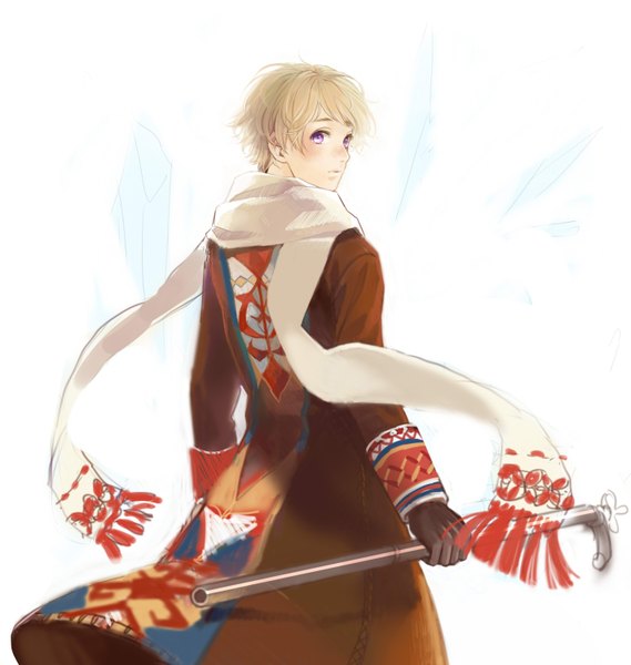 Anime picture 1424x1500 with axis powers hetalia studio deen russia (hetalia) tall image short hair simple background blonde hair white background purple eyes looking back back boy gloves scarf coat ice