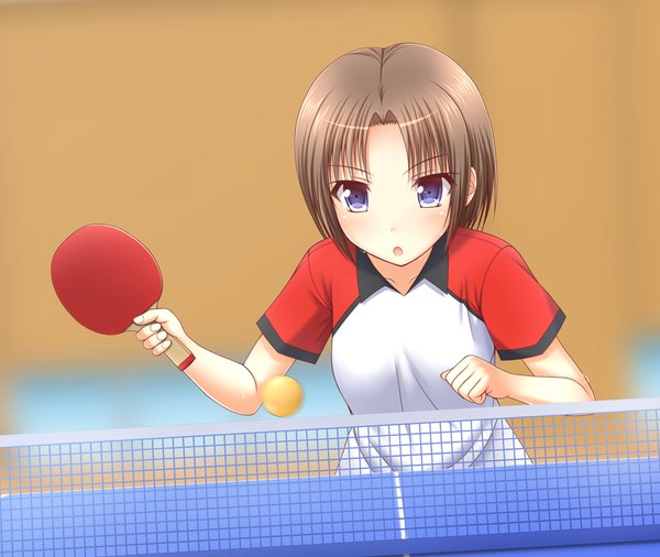 Anime picture 940x793 with original kk-sk-ray single looking at viewer blush short hair open mouth blue eyes brown hair ping pong girl ball table tennis paddle