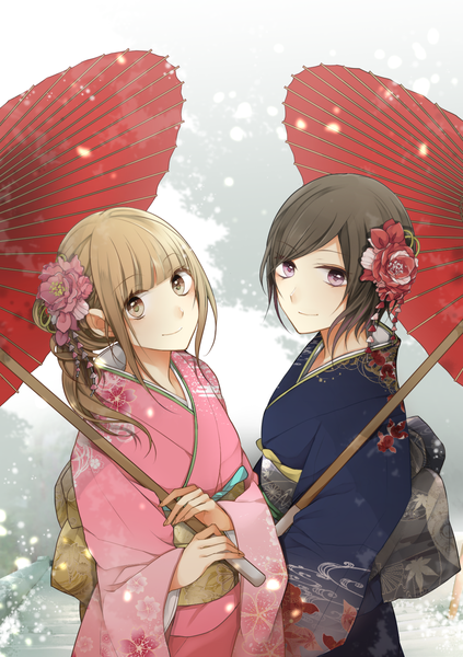 Anime picture 1200x1700 with original haru (haru2079) long hair tall image short hair black hair brown hair multiple girls brown eyes traditional clothes japanese clothes hair flower floral print snowing winter girl hair ornament flower (flowers) 2 girls kimono