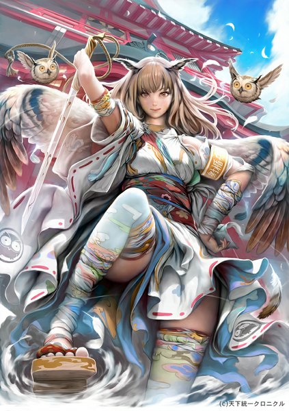 Anime picture 787x1117 with original mujiha (mlog) single long hair tall image looking at viewer blush fringe brown hair holding brown eyes animal ears sky cloud (clouds) traditional clothes japanese clothes realistic from below legs hand on hip