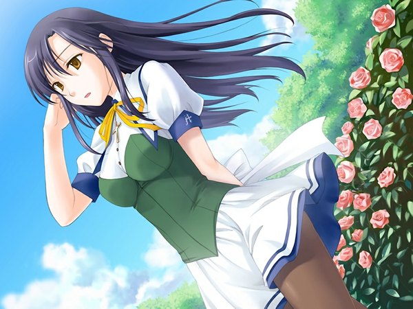 Anime picture 1024x768 with amanatsu long hair black hair yellow eyes game cg girl flower (flowers) serafuku
