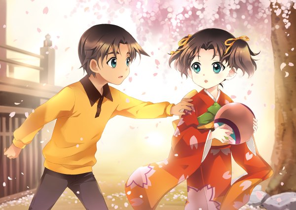 Anime picture 1200x852 with detective conan hattori heiji kazuha toyama mca (dessert candy) blush short hair open mouth brown hair twintails japanese clothes aqua eyes cherry blossoms dark skin short twintails alternate age younger girl boy ribbon (ribbons) hair ribbon