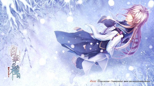 Anime picture 1920x1080 with shirahana no ori - hiiro no kakera 4 idea factory gentouka single long hair fringe highres blonde hair wide image yellow eyes traditional clothes barefoot wind scan official art copyright name hieroglyph snowing winter snow