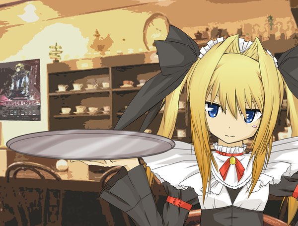 Anime picture 1450x1100 with parfait chocolat second brew katori rea single long hair looking at viewer blue eyes blonde hair twintails waitress girl bow hair bow headdress maid headdress tray