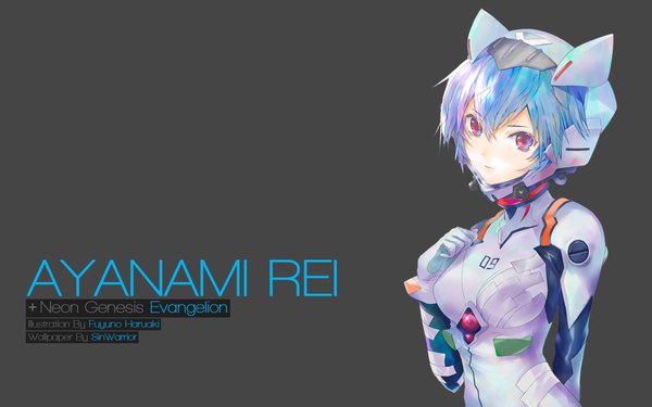Anime picture 1920x1200 with neon genesis evangelion gainax ayanami rei assassinwarrior fuyuno haruaki single looking at viewer blush fringe highres short hair breasts simple background red eyes blue hair head tilt inscription copyright name character names text