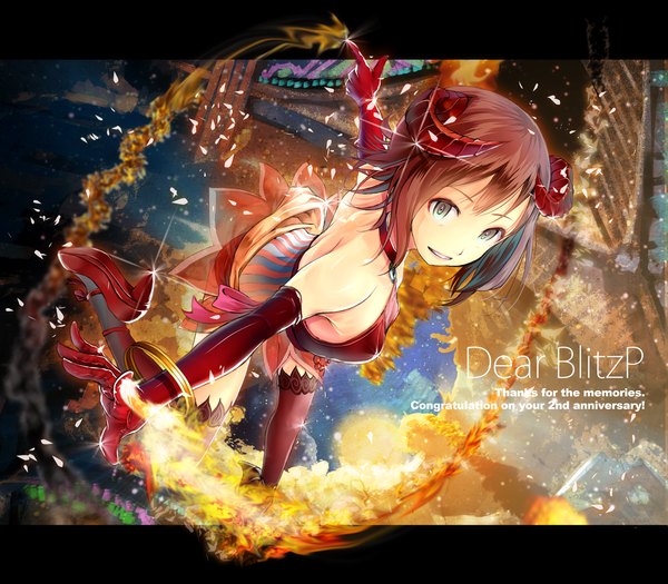 Anime picture 1200x1051 with idolmaster amami haruka yae (mono110) single looking at viewer short hair brown hair horn (horns) inscription grey eyes high heels letterboxed girl thighhighs dress gloves petals choker elbow gloves shoes