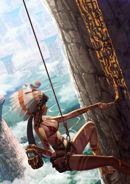 Anime picture 848x1200 with original tatsuwo single long hair tall image fringe breasts brown hair holding sky cloud (clouds) ponytail profile barefoot flying landscape river face paint bodypaint painting