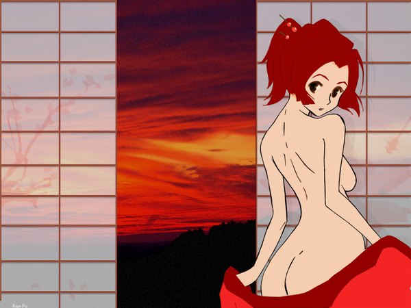 Anime picture 1600x1200 with samurai champloo fuu (samurai champloo) red hair traditional clothes japanese clothes from behind black eyes turning head evening sunset undressing girl kimono