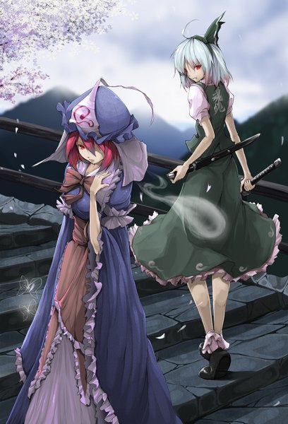 Anime picture 1206x1772 with touhou konpaku youmu saigyouji yuyuko myon solru (tyappygain) tall image looking at viewer blush fringe smile multiple girls traditional clothes japanese clothes looking back blurry hair over one eye wide sleeves depth of field cherry blossoms turning head
