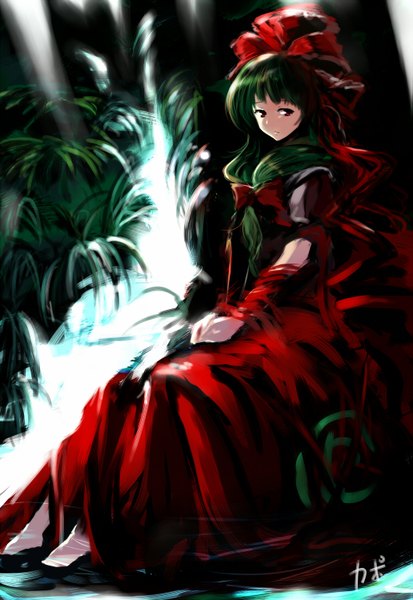 Anime picture 1031x1498 with touhou kagiyama hina cofepig single long hair tall image red eyes green hair girl dress bow plant (plants) hair bow