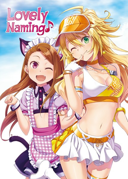 Anime picture 800x1119 with idolmaster hoshii miki minase iori nanaran long hair tall image looking at viewer blush blonde hair multiple girls green eyes animal ears ahoge tail animal tail one eye closed pink eyes wink cat ears inscription