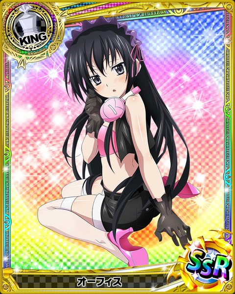 Anime picture 640x800 with highschool dxd ophis single tall image looking at viewer blush open mouth black hair very long hair black eyes loli card (medium) girl thighhighs gloves white thighhighs black gloves shorts headdress headphones