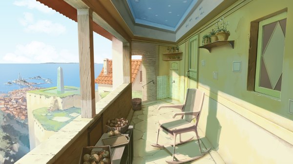 Anime picture 1200x675 with original mary (pixiv) wide image sky cloud (clouds) city no people landscape flower (flowers) sea chair roof balcony obelisk