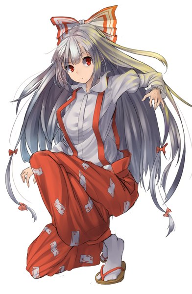 Anime picture 1256x1920 with touhou fujiwara no mokou kamituki0827 single tall image fringe simple background red eyes white background looking away silver hair very long hair long sleeves girl bow hair bow shirt large bow suspenders