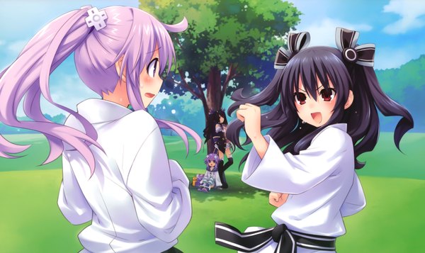 Anime picture 6969x4152 with choujigen game neptune hyperdimension neptunia mk2 noire neptune (choujigen game neptune) nepgear uni (choujigen game neptune) tsunako long hair blush highres short hair open mouth black hair red eyes wide image purple eyes twintails multiple girls pink hair absurdres