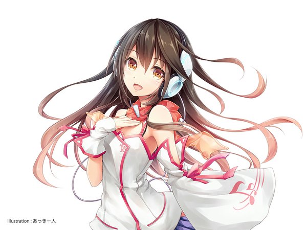 Anime picture 1000x750 with vocaloid kokone (vocaloid) akkijin single long hair looking at viewer fringe open mouth simple background brown hair white background bare shoulders brown eyes signed multicolored hair wind two-tone hair girl detached sleeves headphones