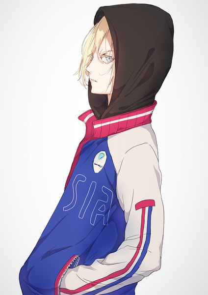 Anime picture 787x1114 with yuri!!! on ice mappa yuri plisetsky suono single tall image looking at viewer fringe short hair blue eyes simple background blonde hair standing white background upper body profile hair over one eye hands in pockets boy hood