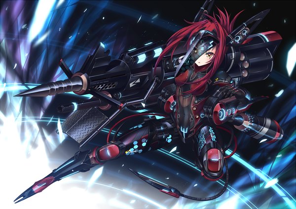 Anime picture 1200x846 with original ugume single long hair looking at viewer blush breasts open mouth yellow eyes red hair mecha musume robot joints girl weapon bodysuit huge weapon