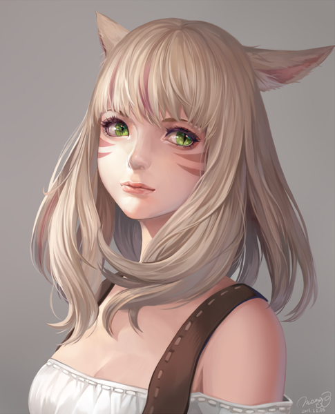 Anime picture 800x988 with final fantasy final fantasy xiv square enix miqo'te momoko (momopoco) single long hair tall image looking at viewer simple background blonde hair green eyes signed animal ears upper body lips grey background portrait animal eyes girl