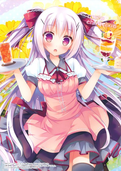 Anime picture 2329x3300 with hisama kumako single long hair tall image looking at viewer blush highres open mouth red eyes white hair scan girl dress bow hair bow food sweets ice cream drink