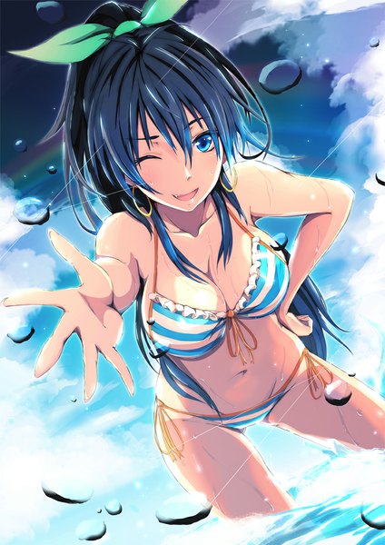Anime picture 827x1169 with idolmaster ganaha hibiki merontomari single long hair tall image breasts open mouth blue eyes light erotic smile blue hair sky cleavage cloud (clouds) ponytail one eye closed wink girl navel