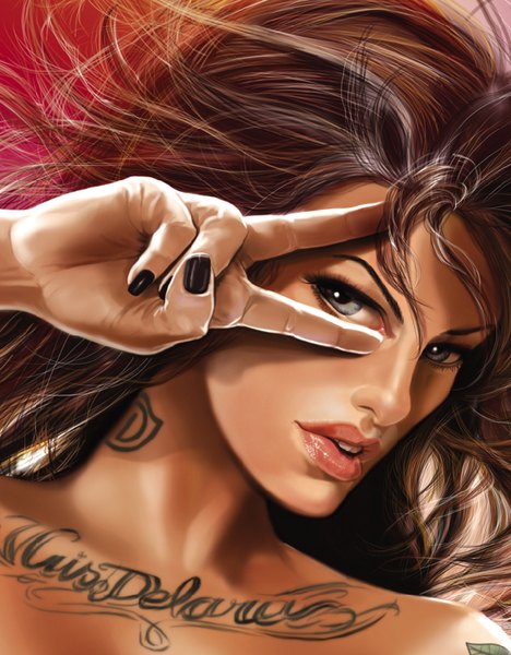 Anime picture 694x890 with cris delara single long hair tall image looking at viewer brown hair bare shoulders nail polish lips grey eyes tattoo victory close-up face black nail polish girl