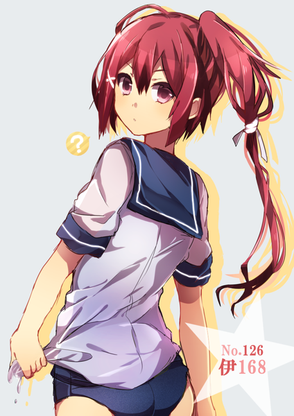 Anime picture 834x1179 with kantai collection i-168 submarine usuke (38257259) single long hair tall image looking at viewer red eyes ass ponytail red hair looking back grey background wet character names text wet clothes swimsuit under clothes wet shirt question