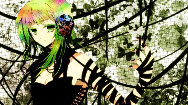 Anime picture 2048x1152 with vocaloid gumi single highres short hair wide image green eyes nail polish hair flower green hair girl hair ornament ribbon (ribbons) insect butterfly